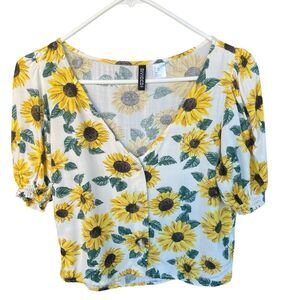 H&M‎ Divided Sunflower Blouse Womens 3XS Boho Floral Hippie Festival V-neck